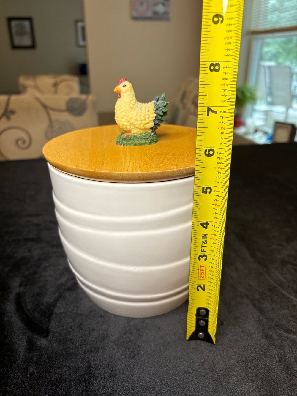Ceramic White Kitchen Canister with Wooden Lid and Yellow Hen Knob - Picture 6 of 6